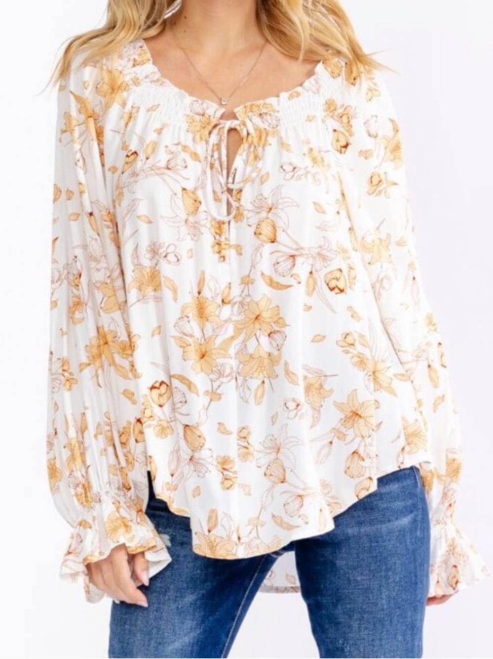 Boho Women's White Floral Peasant Blouse with tan Floral Print size S-M